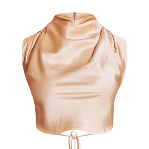 Butter Cream Satin Tie Side High Neck Cowl Crop Top